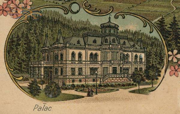Сколівський палац Гредлів (Грьодлів) на листівці-лепорелло з перших років ХХ ст.