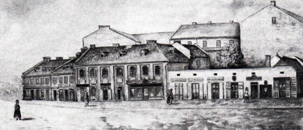 Будинки на площі Бернардинській, 1, 2, 2а (сучасна Соборна). Акварель Франца Ковалишина