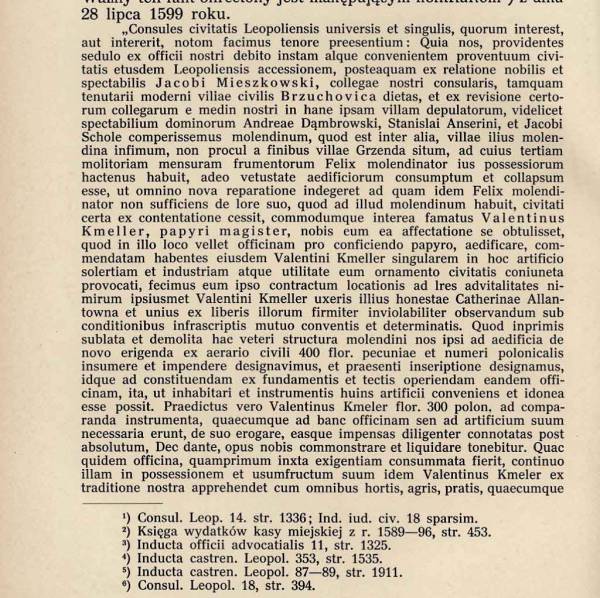 Латинський текст контракту від 28 липня 1599 року в публікації Анни Єнджейовської, «Kwartalnik Historyczny», 1923. У тексті Кмеллера названо «papyri magister» — майстром паперу. Оригінал публікації: Śląska Biblioteka Cyfrowa, public domain.