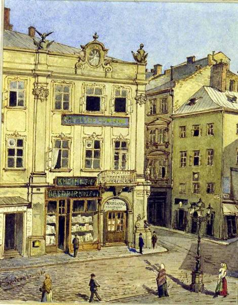 Альфред Каменобродський. Палац Любомирських на пл. Ринок, 10.Поч. ХХ ст. Акварель; 21,5 х 26,5 см Колишній палац Любомирських перебудований у 1763 році за проектом інженера Яна де Віттез п’яти кам’яниць: з вулиці Руської та з боку сучасної вулиці Федорова. Парадний фасад будівлі вирішений у бароковому стилі і є однією з найкращих житлових камяниць Львова. Наріжник будинку оформлений військовою атрибутикою, яка представляє алегорію слави роду Любомирських. У 1895 році палац викупило українське товариство «Просвіта» і відтоді до 1939 року у цьому будинку містився ряд культурно-освітніх установ: саме товариство «Просвіта», книгарня Наукового товариства ім. Т. Шевченка, редакція і друкарня газети «Діло», журнал «Громадський вісник». Сьогодні на першому поверсі будинку знаходиться популярна серед туристів ресторанна локація «Львівська копальня кави», на вищих поверхах розміщуються експозиції Музею етнографії та художнього промислу Інституту народознавства НАН України.
