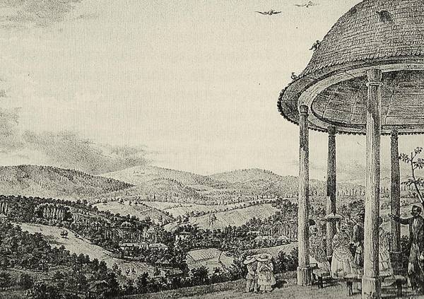 Трускавець. Вигляд зі Сходу. Літографія А. Тітца, 1854